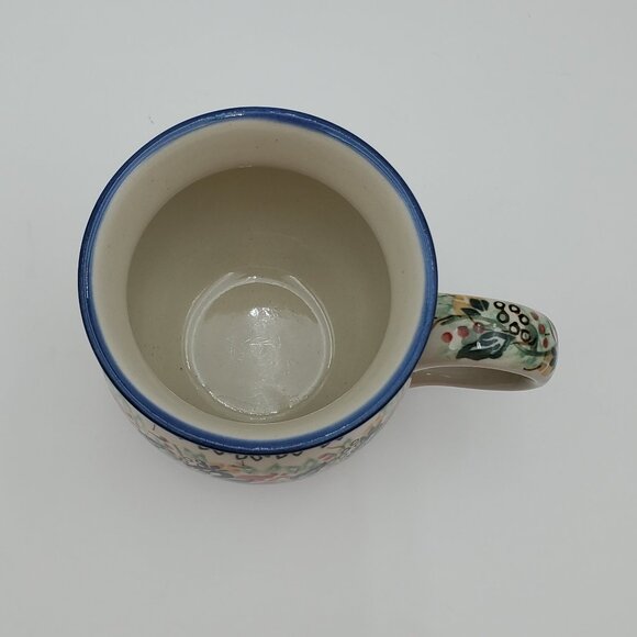 Polish Pottery Rose Bud Roundup Bubble Mug Red Yellow Flowers Blue Green Leaves - Picture 7 of 10